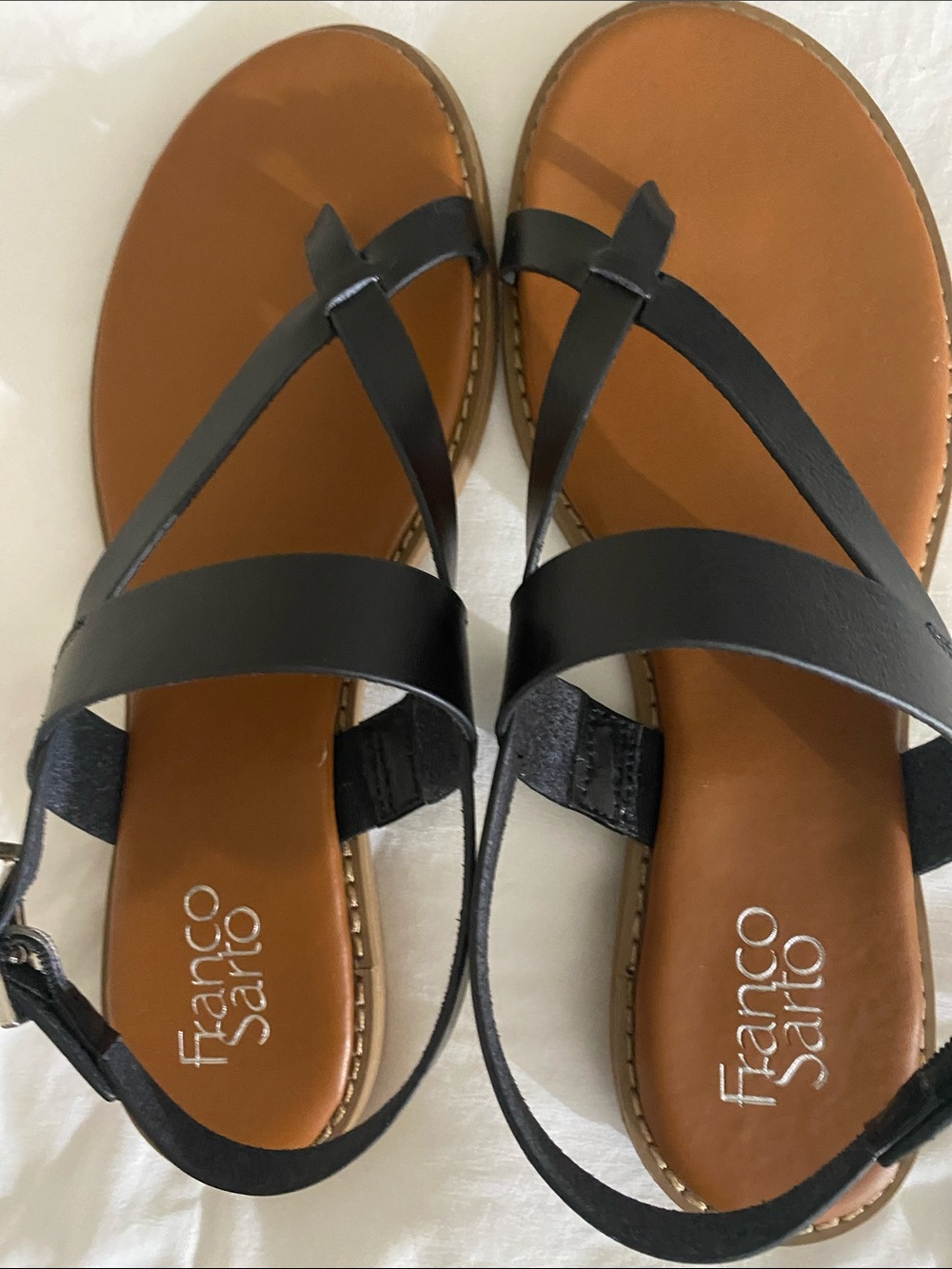 Franco Sarto Black Strappy Leather Sandals with Tan Footbed